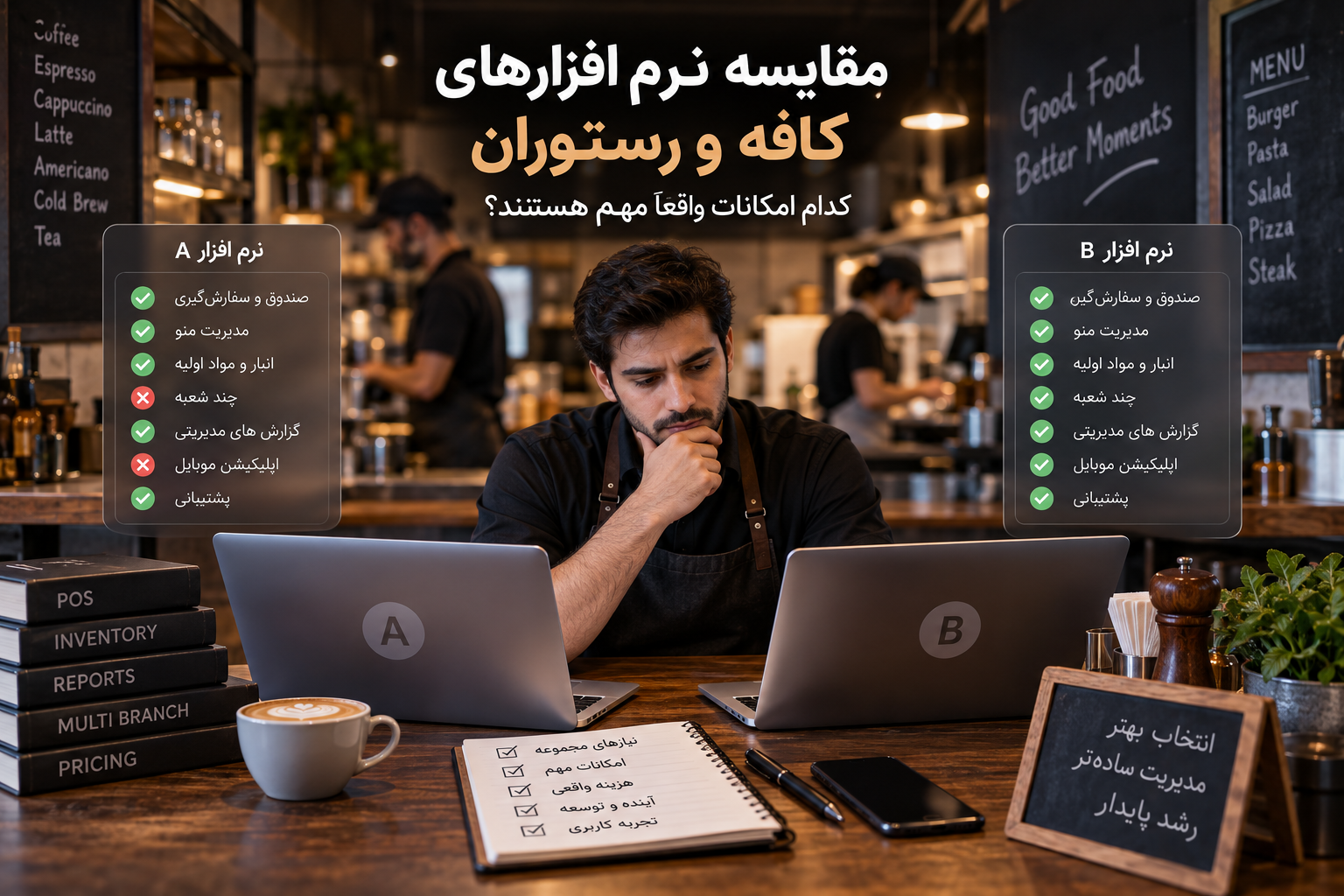 مقایسه نرم افزارهای کافه و رستوران؛ کدام امکانات واقعاً مهم هستند؟
